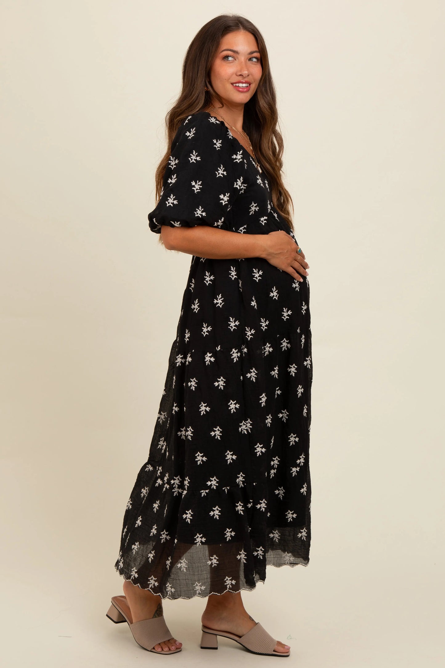 PinkBlush PinkBlush Black Floral Puff Sleeve Maternity Midi Dress for Expecting Mothers - Apparel & Accessories > Clothing > Dresses