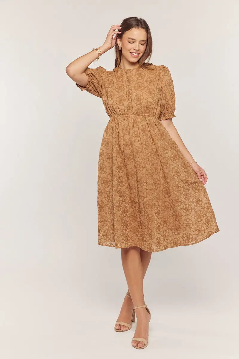 PinkBlush Camel Floral Embroidered Overlay Maternity Midi Dress for Expecting Mothers - Apparel & Accessories > Clothing > Dresses