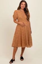 PinkBlush Camel Floral Embroidered Overlay Maternity Midi Dress for Expecting Mothers - Apparel & Accessories > Clothing > Dresses