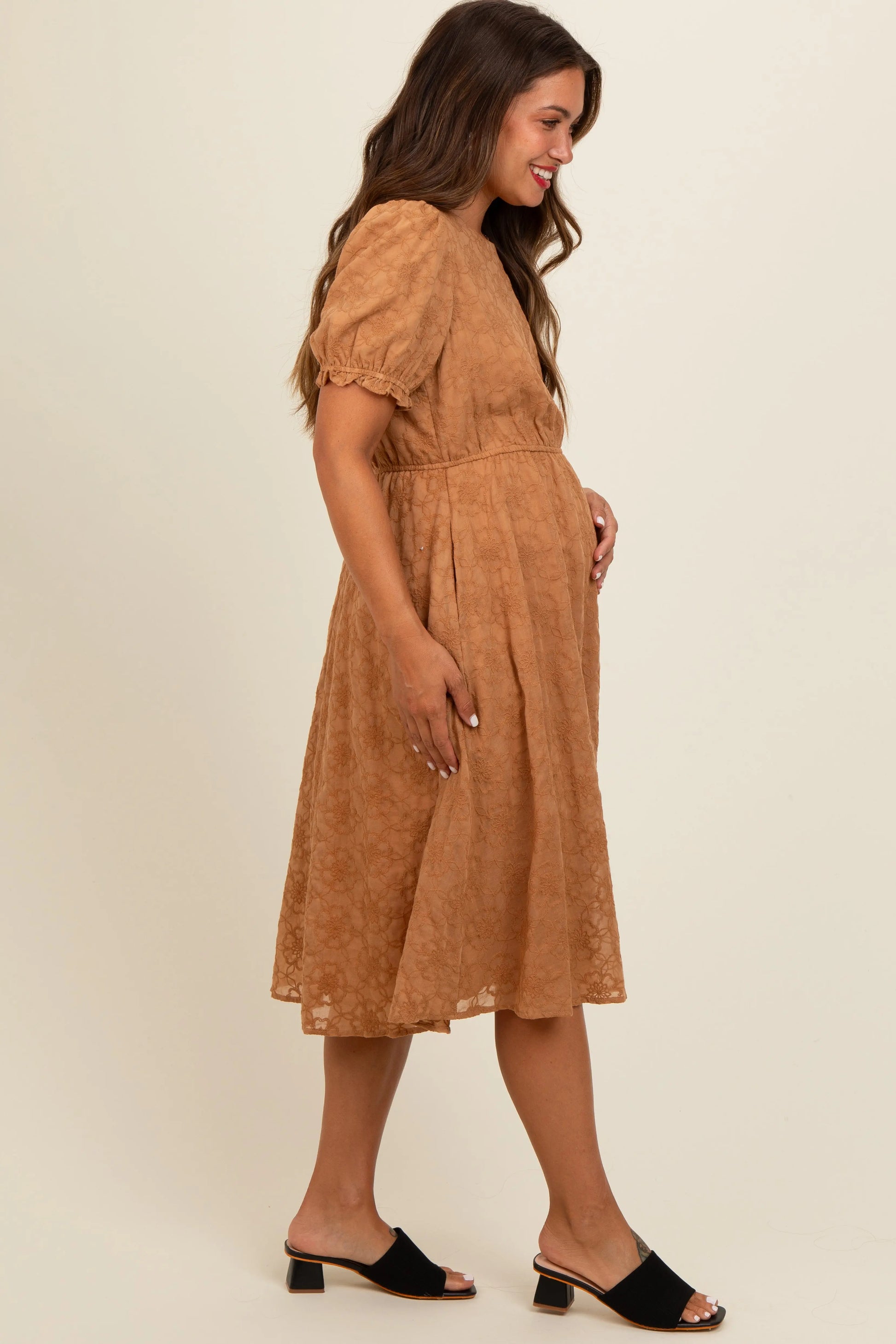 PinkBlush Camel Floral Embroidered Overlay Maternity Midi Dress for Expecting Mothers - Apparel & Accessories > Clothing > Dresses