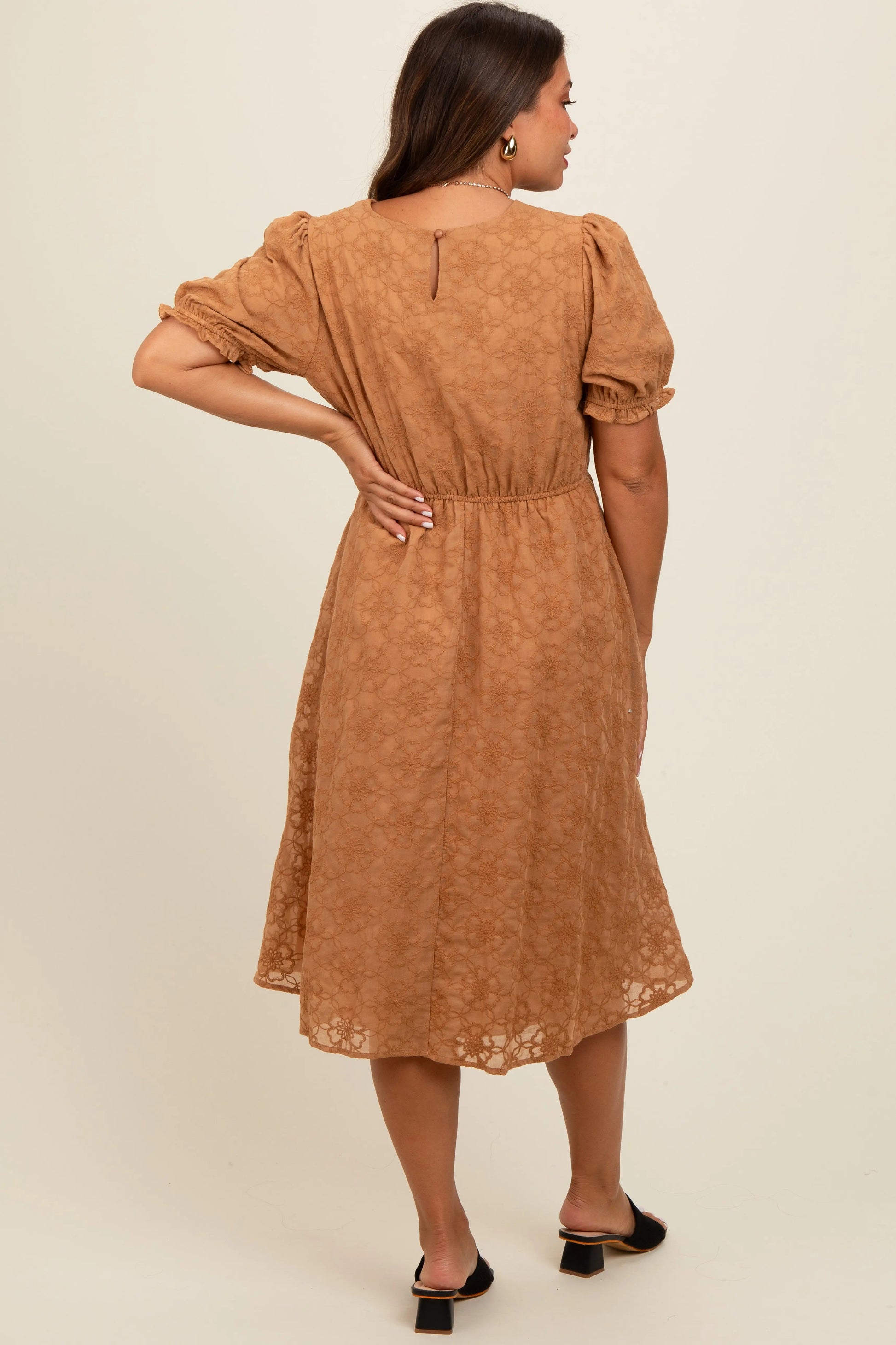 PinkBlush Camel Floral Embroidered Overlay Maternity Midi Dress for Expecting Mothers - Apparel & Accessories > Clothing > Dresses