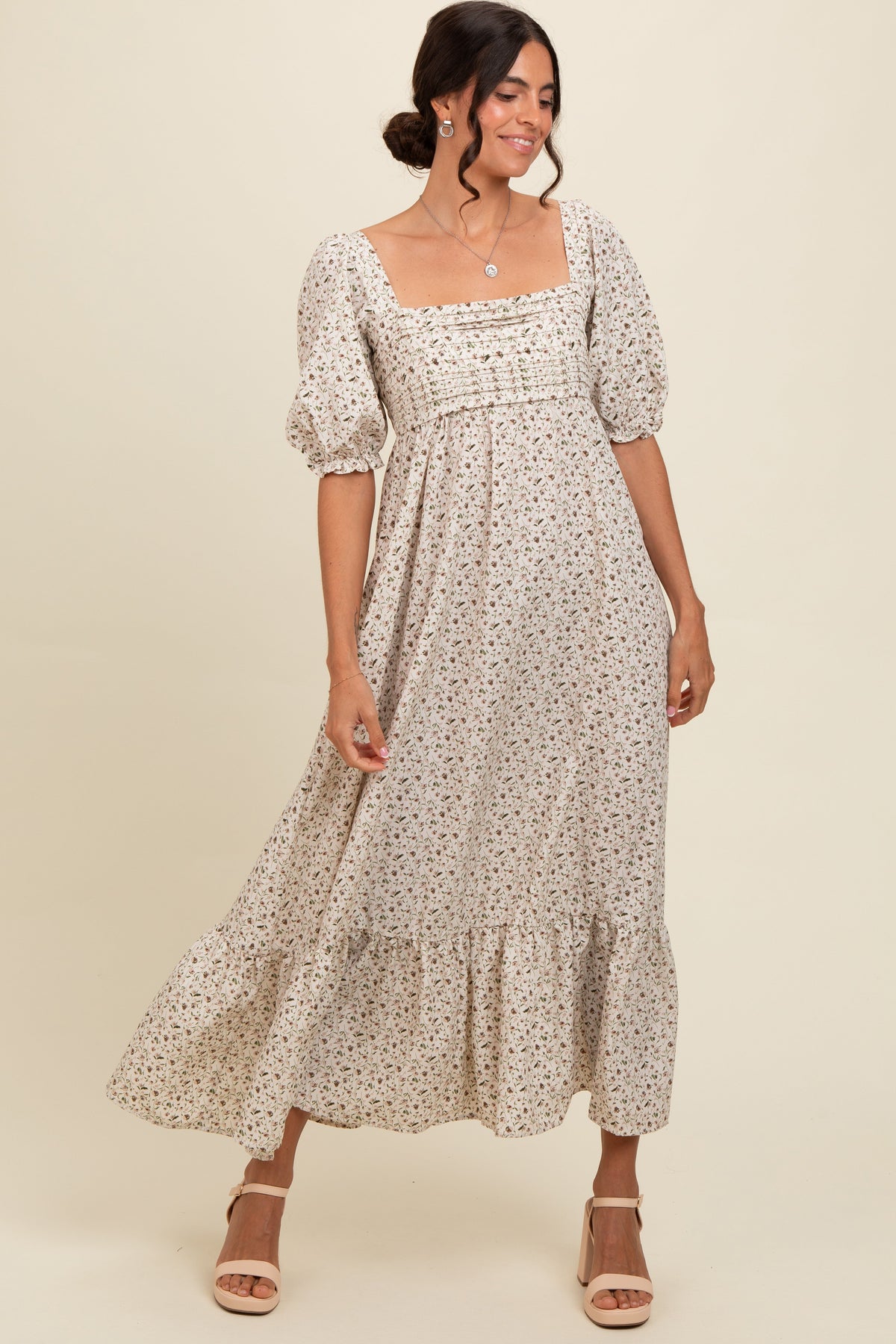 Ivory Floral Pleated Bodice Maxi Dress by PinkBlush (view 1 of 3)