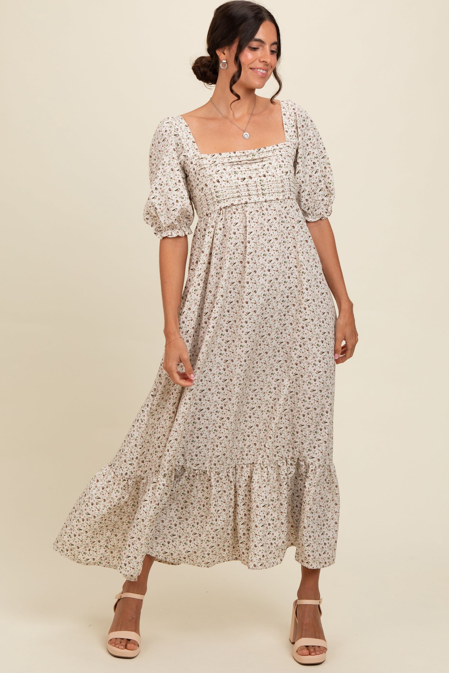 Ivory Floral Pleated Bodice Maxi Dress by PinkBlush (view 1 of 3)