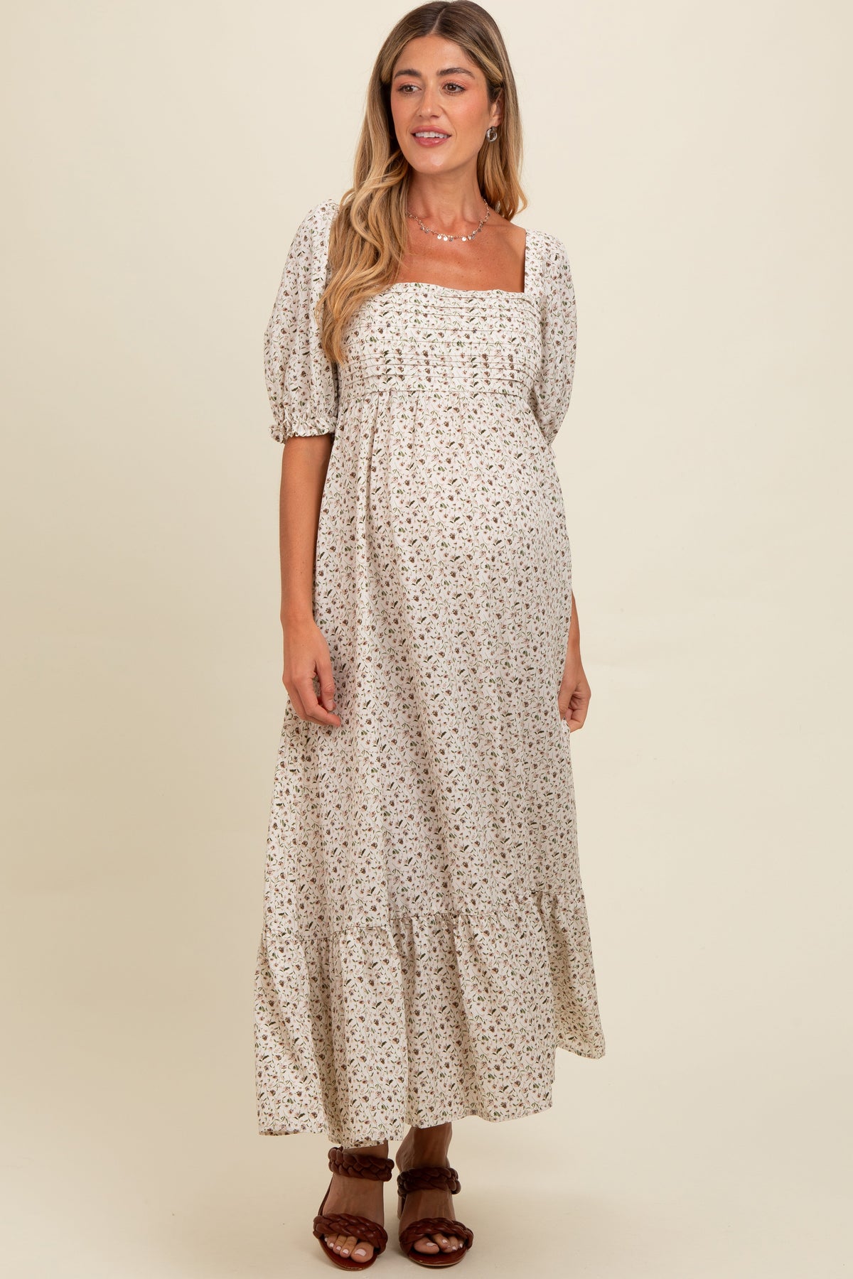 Ivory Floral Pleated Bodice Maternity Maxi Dress by PinkBlush (view 1 of 5)