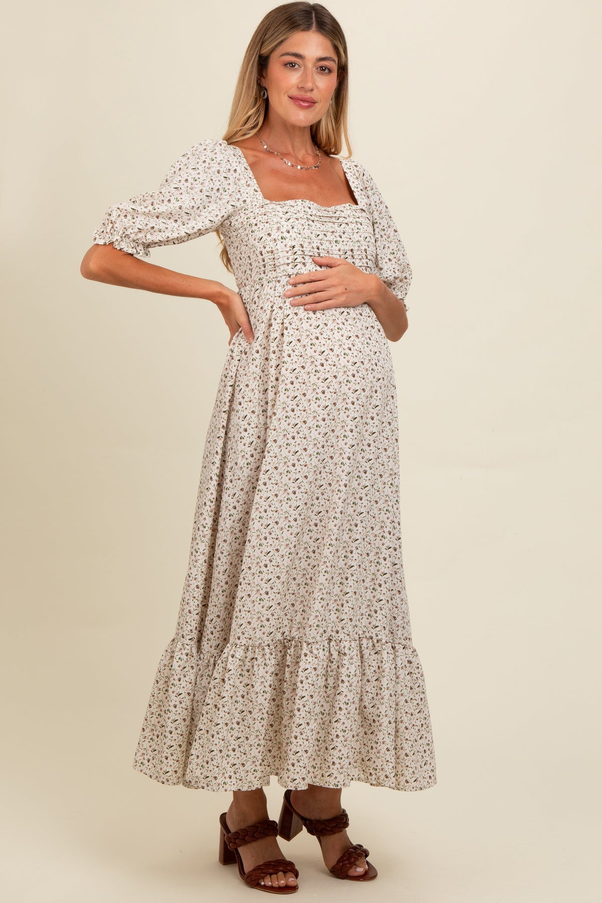 Ivory Floral Pleated Bodice Maternity Maxi Dress by PinkBlush (view 3 of 5)