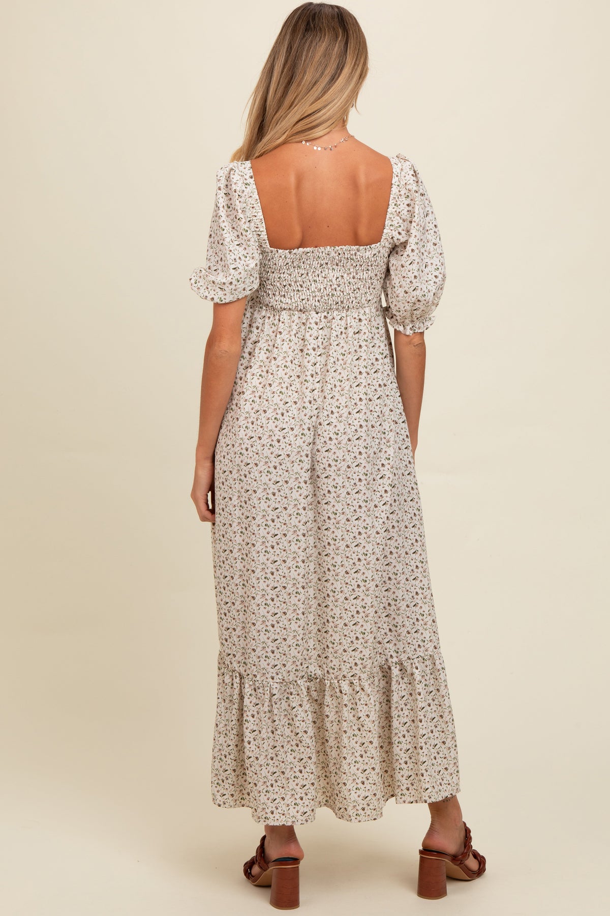 Ivory Floral Pleated Bodice Maternity Maxi Dress by PinkBlush (view 4 of 5)