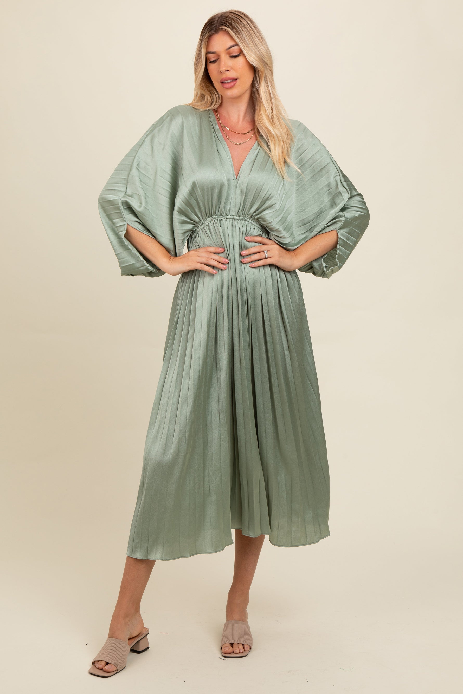 Light Olive Satin Pleated V-Neck Maxi Dress by PinkBlush at Everetts Place