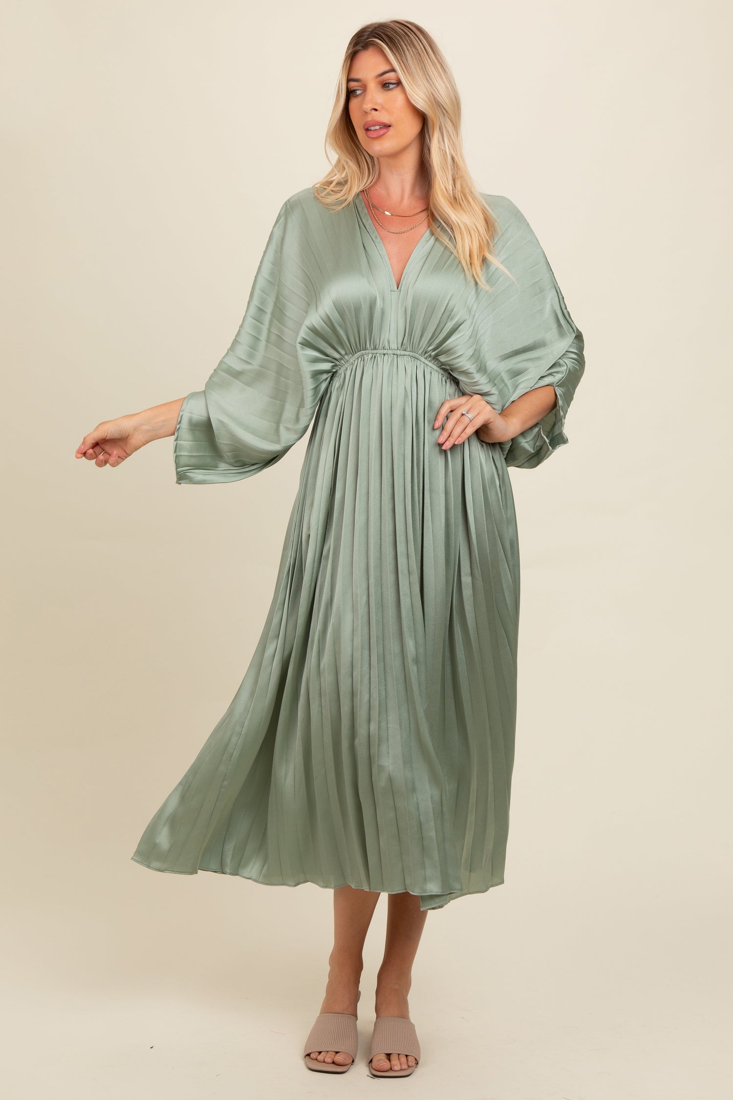 Light Olive Satin Pleated V-Neck Maxi Dress by PinkBlush at Everetts Place