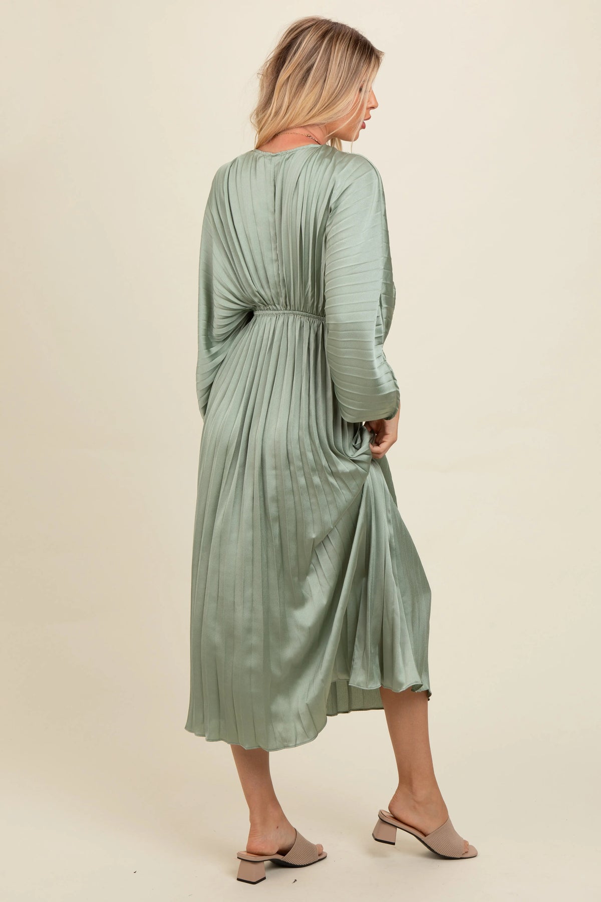 Light Olive Satin Pleated V-Neck Maxi Dress PinkBlush 