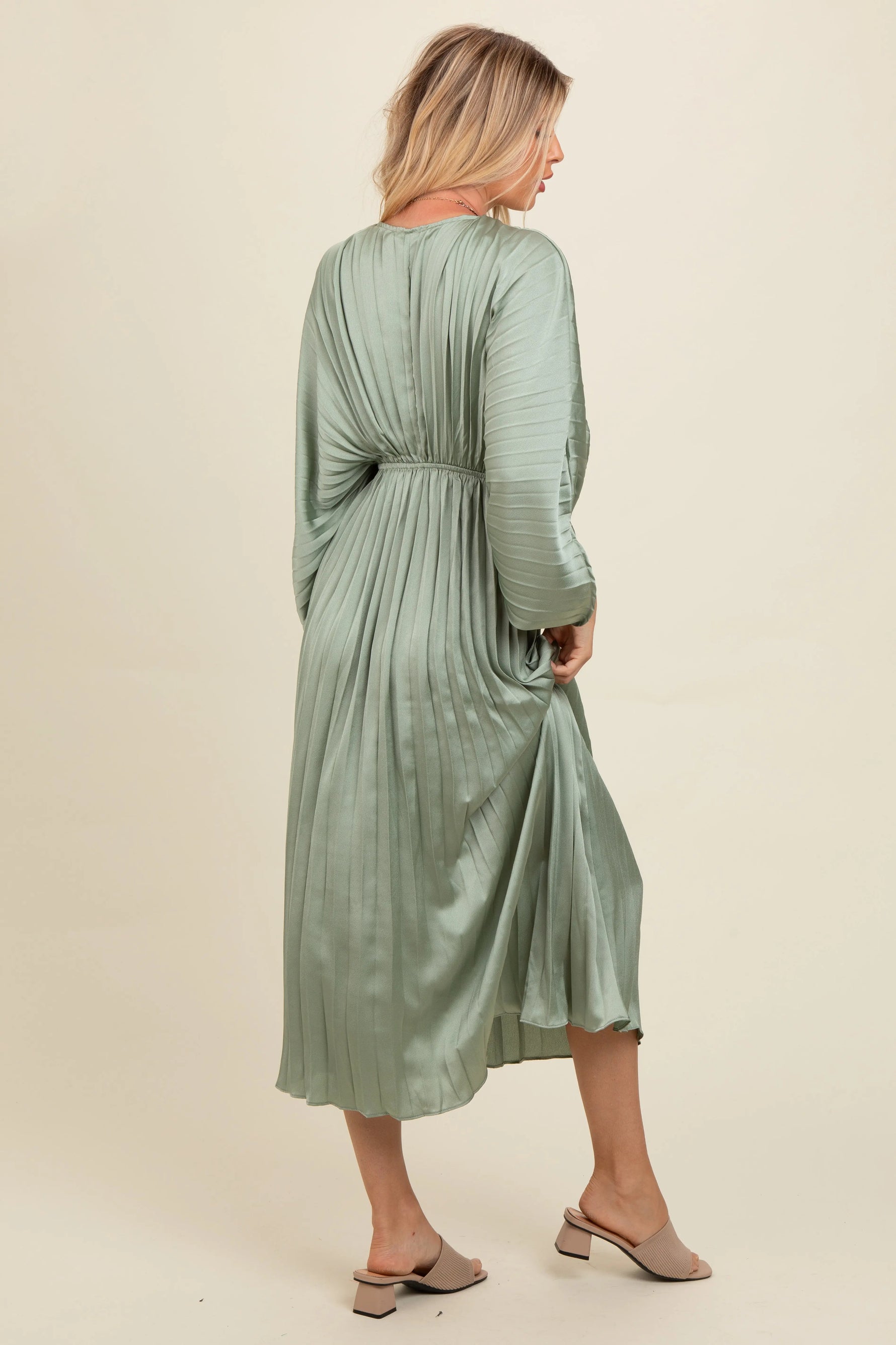 Light Olive Satin Pleated V-Neck Maxi Dress PinkBlush 