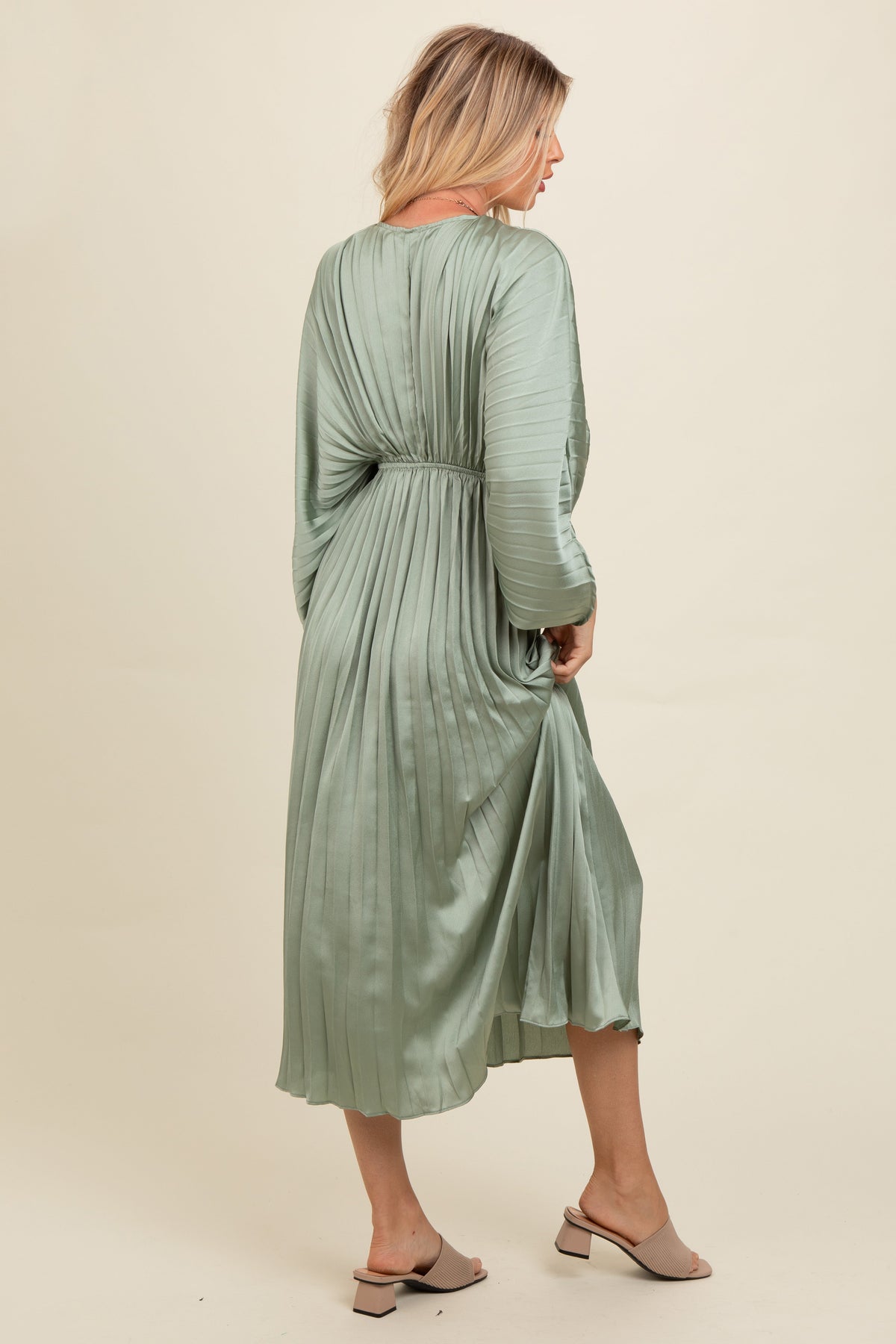 Light Olive Satin Pleated V-Neck Maxi Dress by PinkBlush at Everetts Place