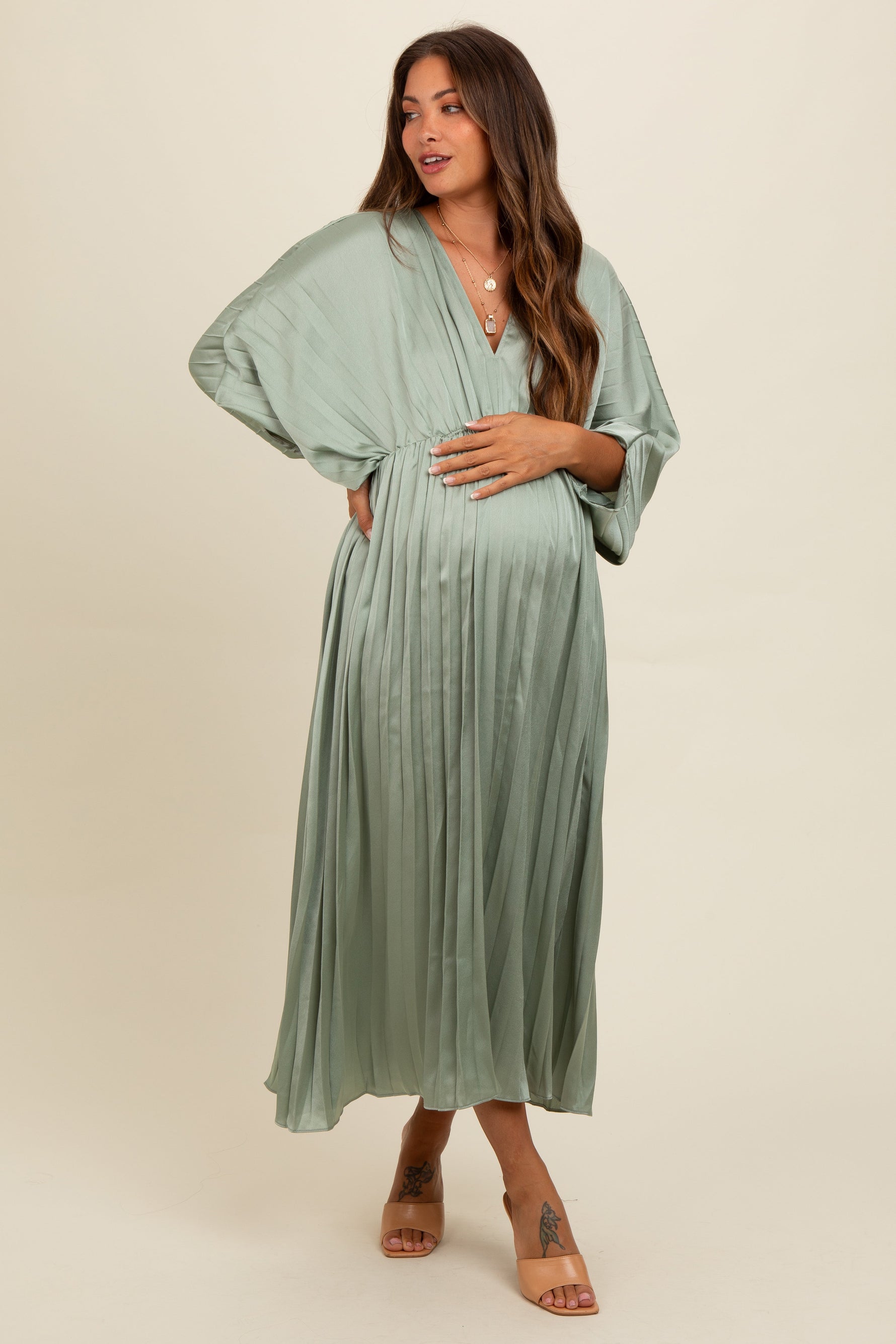 Light Olive Satin Pleated V-Neck Maternity Maxi Dress by PinkBlush at Everetts Place