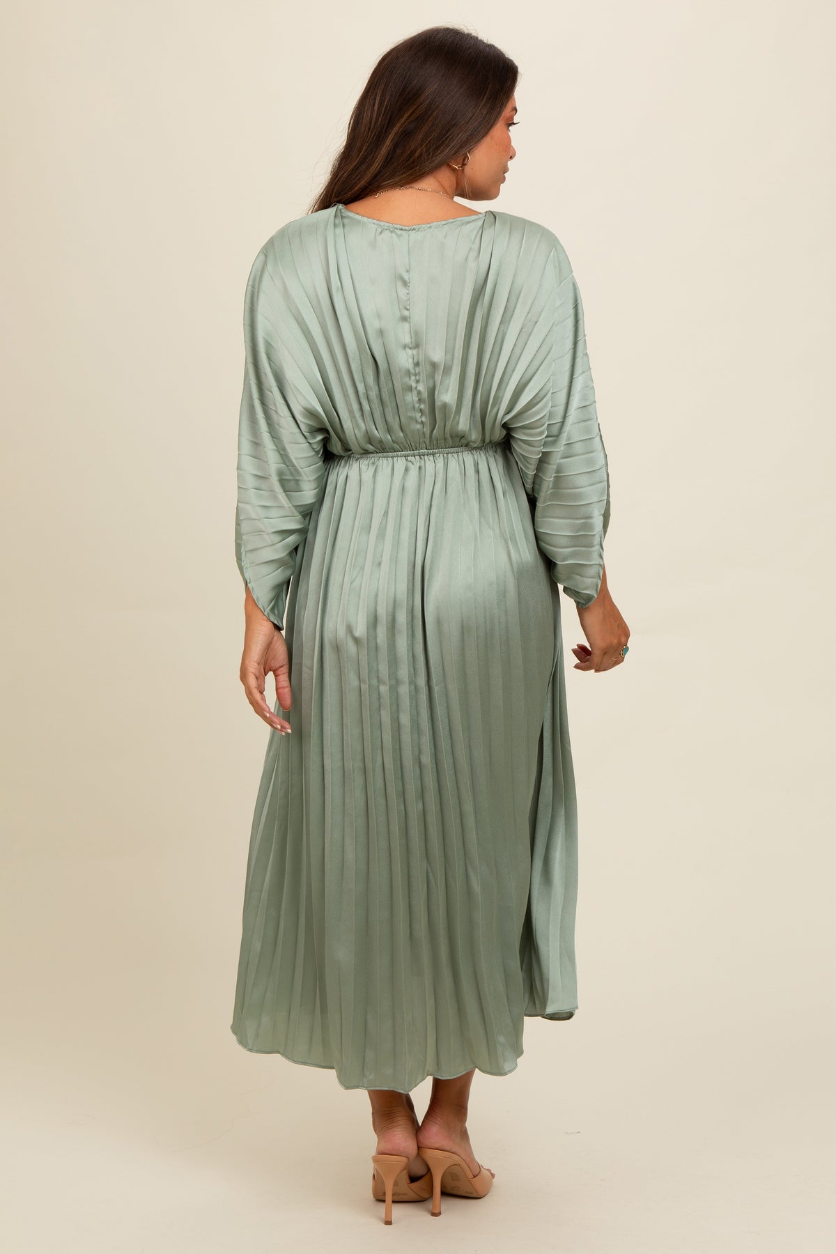 Light Olive Satin Pleated V-Neck Maternity Maxi Dress by PinkBlush at Everetts Place