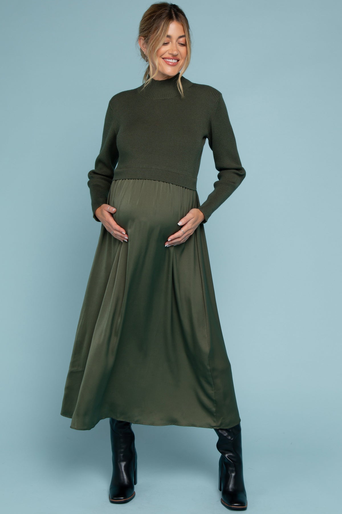 Olive Knit Contrast Top Satin Maternity Midi Dress by PinkBlush