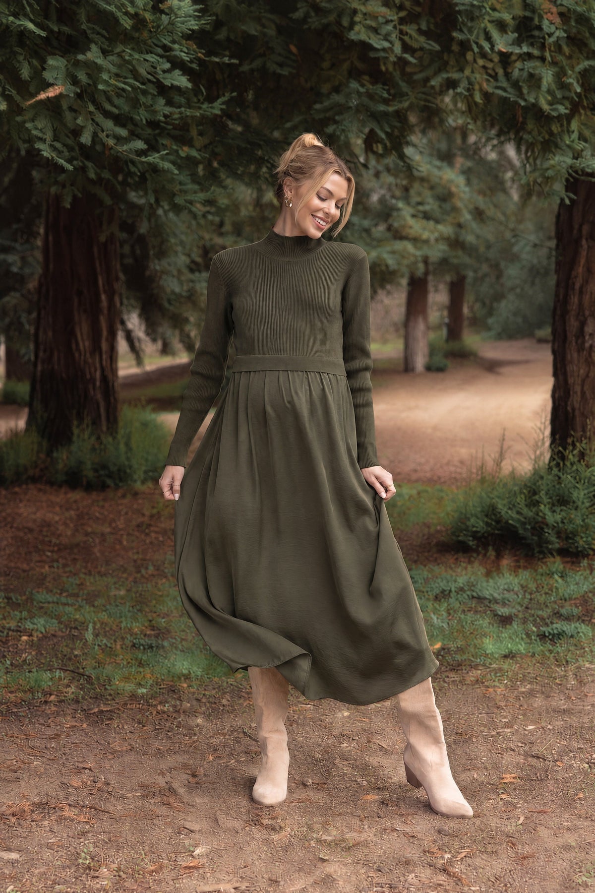 Olive Knit Contrast Top Satin Maternity Midi Dress by PinkBlush