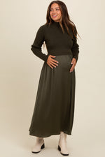 Olive Knit Contrast Top Satin Maternity Midi Dress by PinkBlush