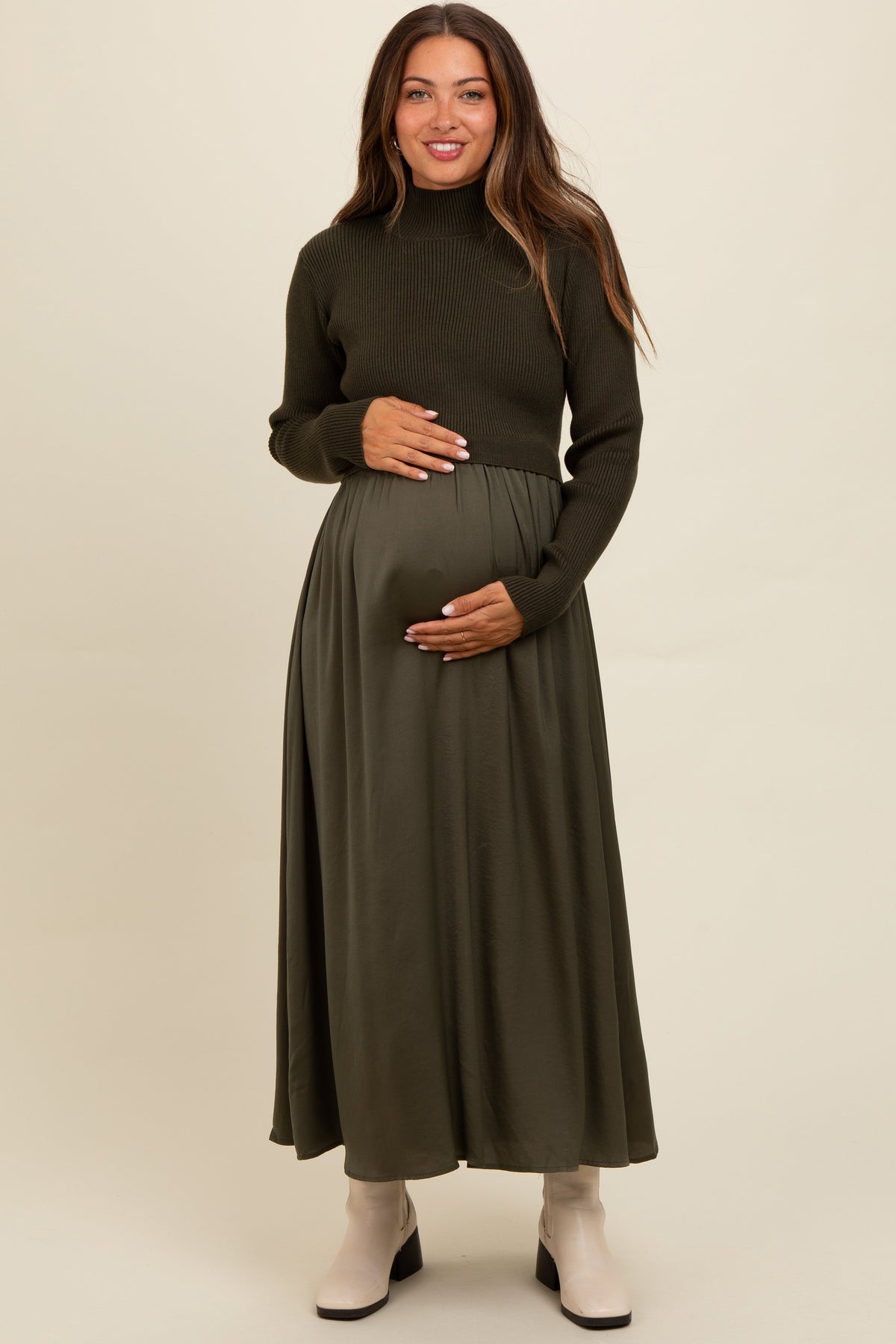 Olive Knit Contrast Top Satin Maternity Midi Dress by PinkBlush
