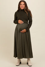 Olive Knit Contrast Top Satin Maternity Midi Dress by PinkBlush