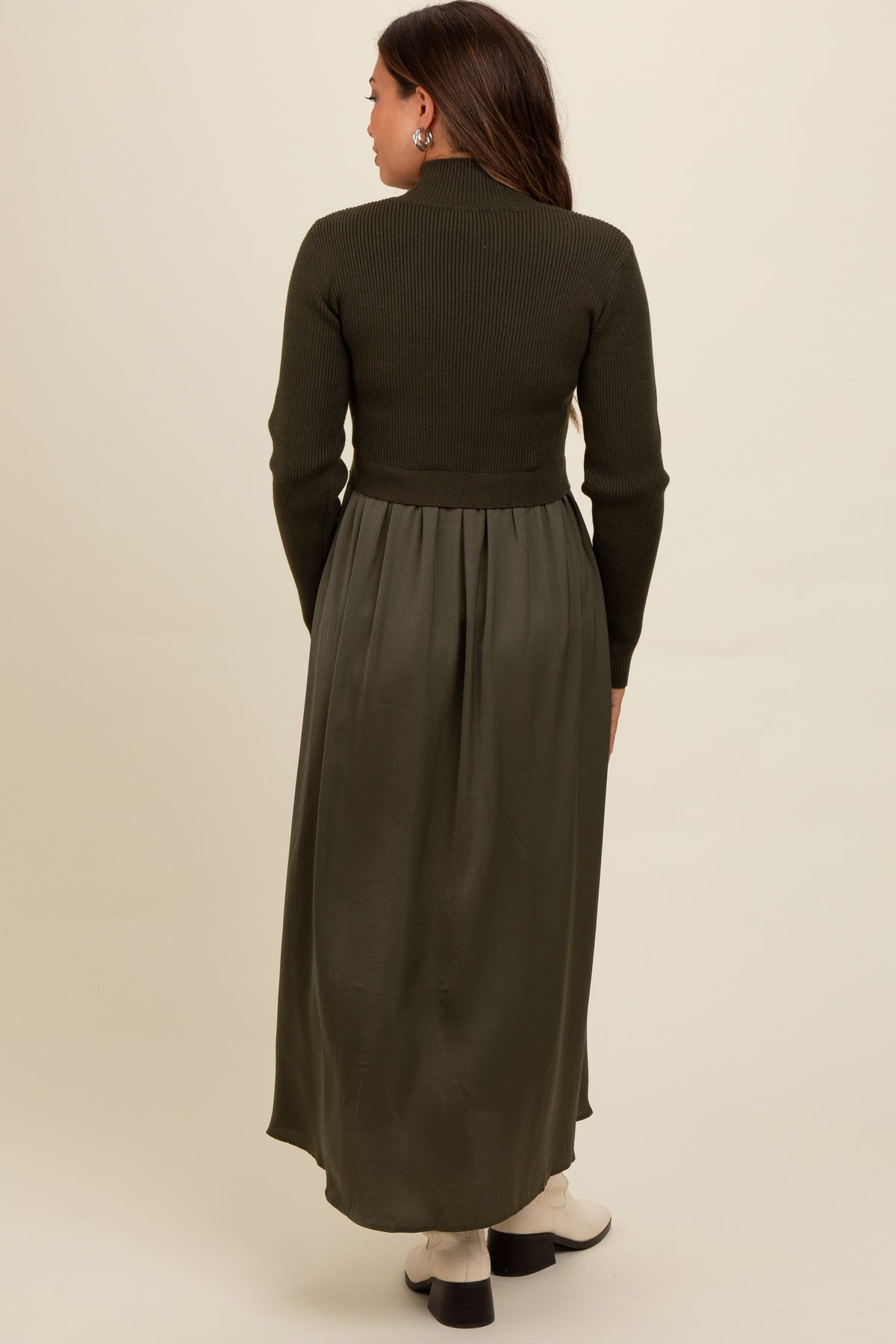 Olive Knit Contrast Top Satin Maternity Midi Dress by PinkBlush