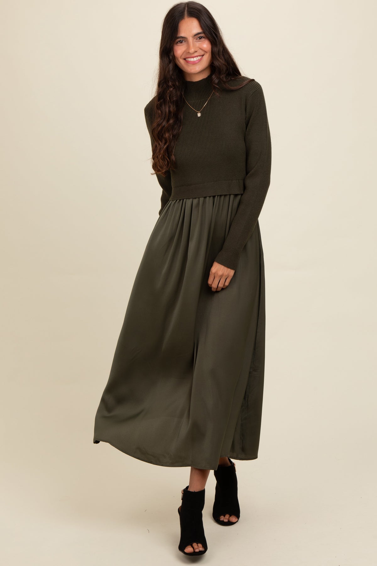 Olive Knit Contrast Top Satin Maternity Midi Dress by PinkBlush