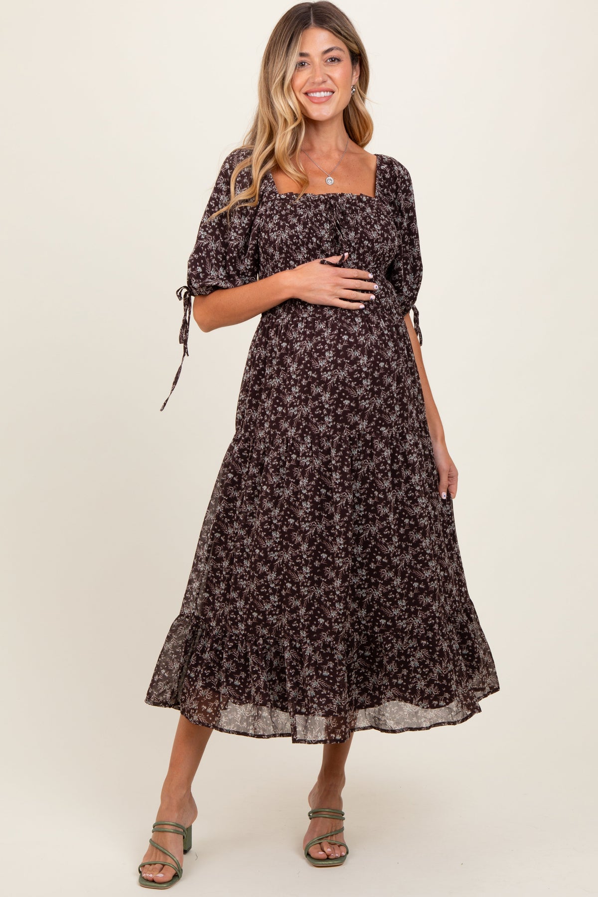 Floral Smocked Maternity Midi Dress - Tie Waist by PinkBlush