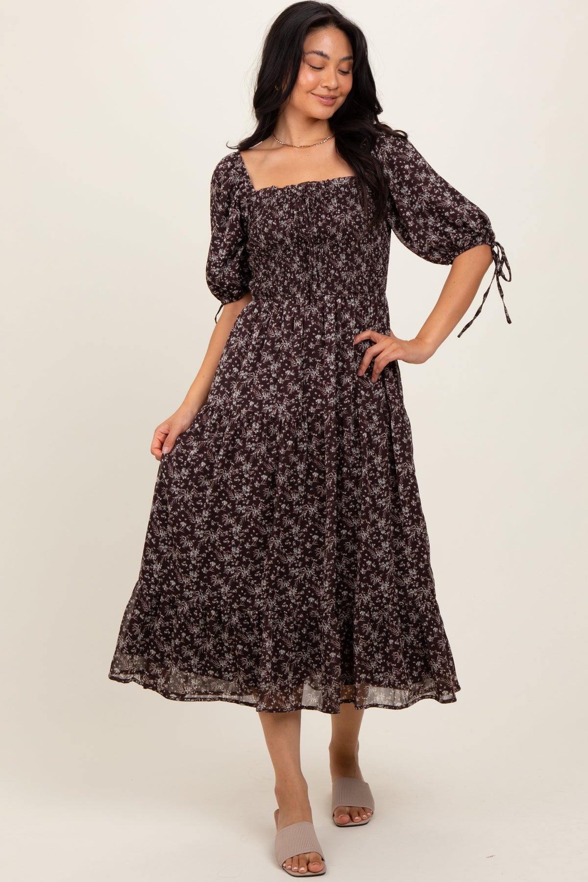 Floral Smocked Maternity Midi Dress - Tie Waist by PinkBlush