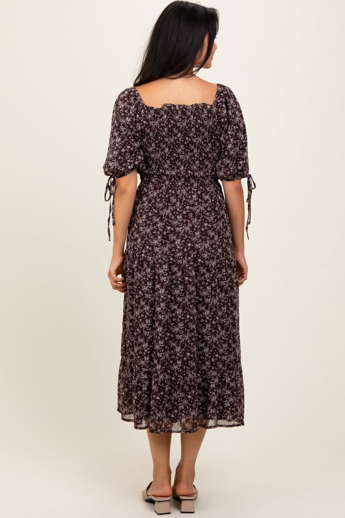Flowy Floral Smocked Sleeve Tie Midi Dress by PinkBlush