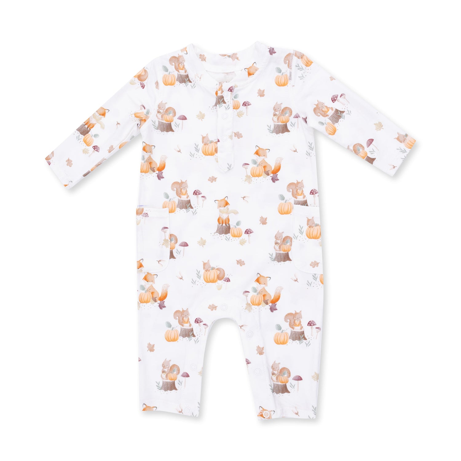 Baby romper with a woodland animals and pumpkins print, Henley neckline, and snap closures at the legs.