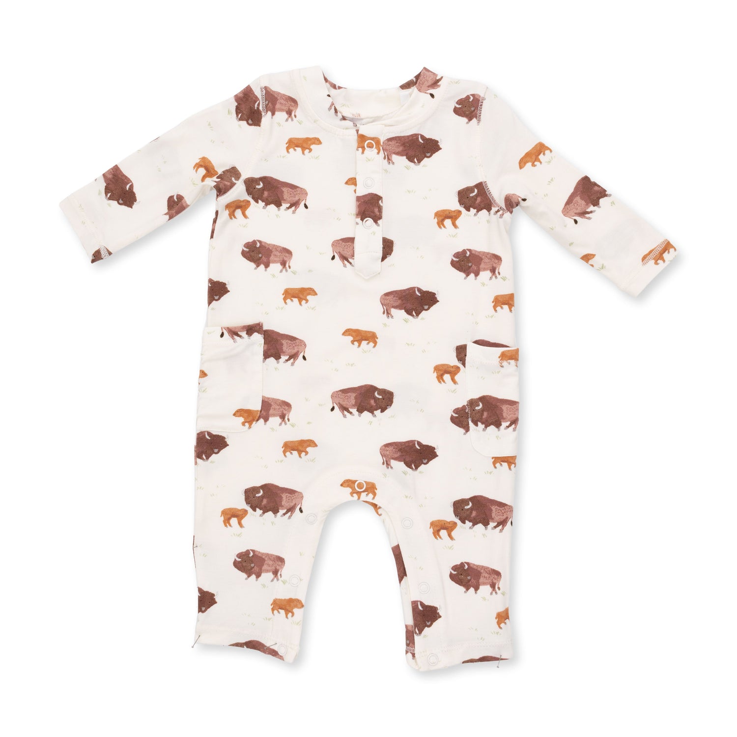 Long-sleeve baby romper with American buffalo print and henley neckline with buttons