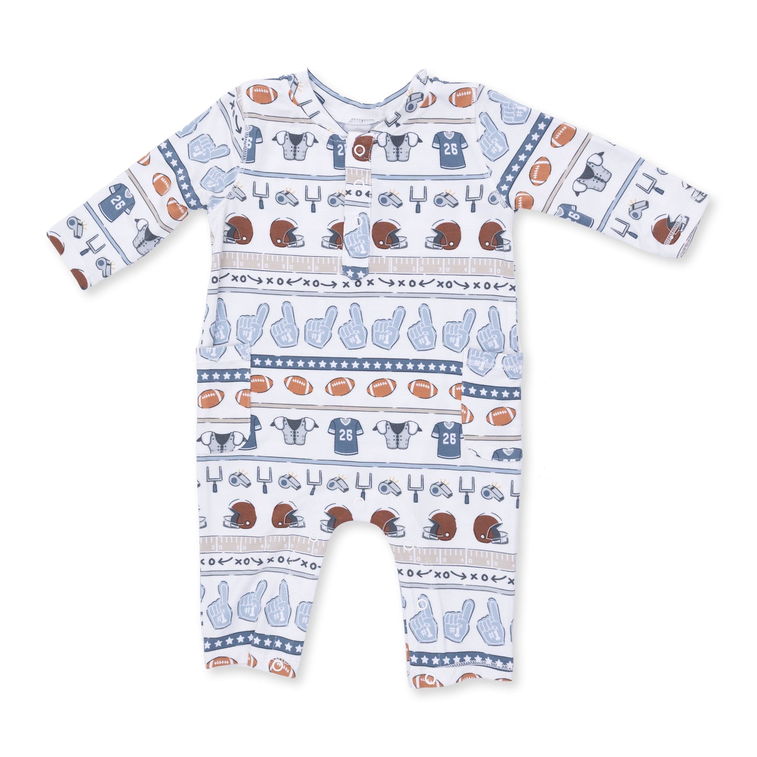 Baby romper in football-style stripes with a Henley neckline and snap closures