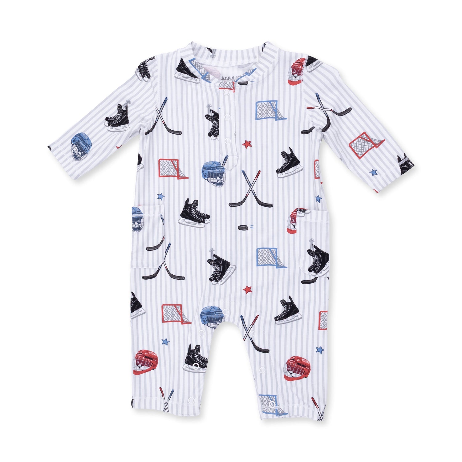 Baby romper in hockey stripes with a Henley neckline and snap closures down the front and legs.