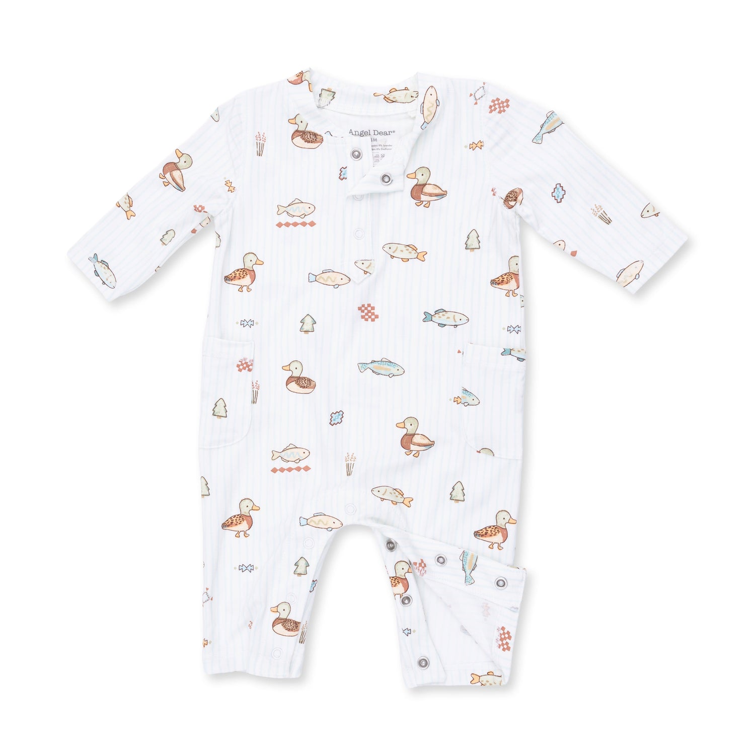 Baby romper in a lake-themed print with a Henley neckline and snap closures down the front and legs.