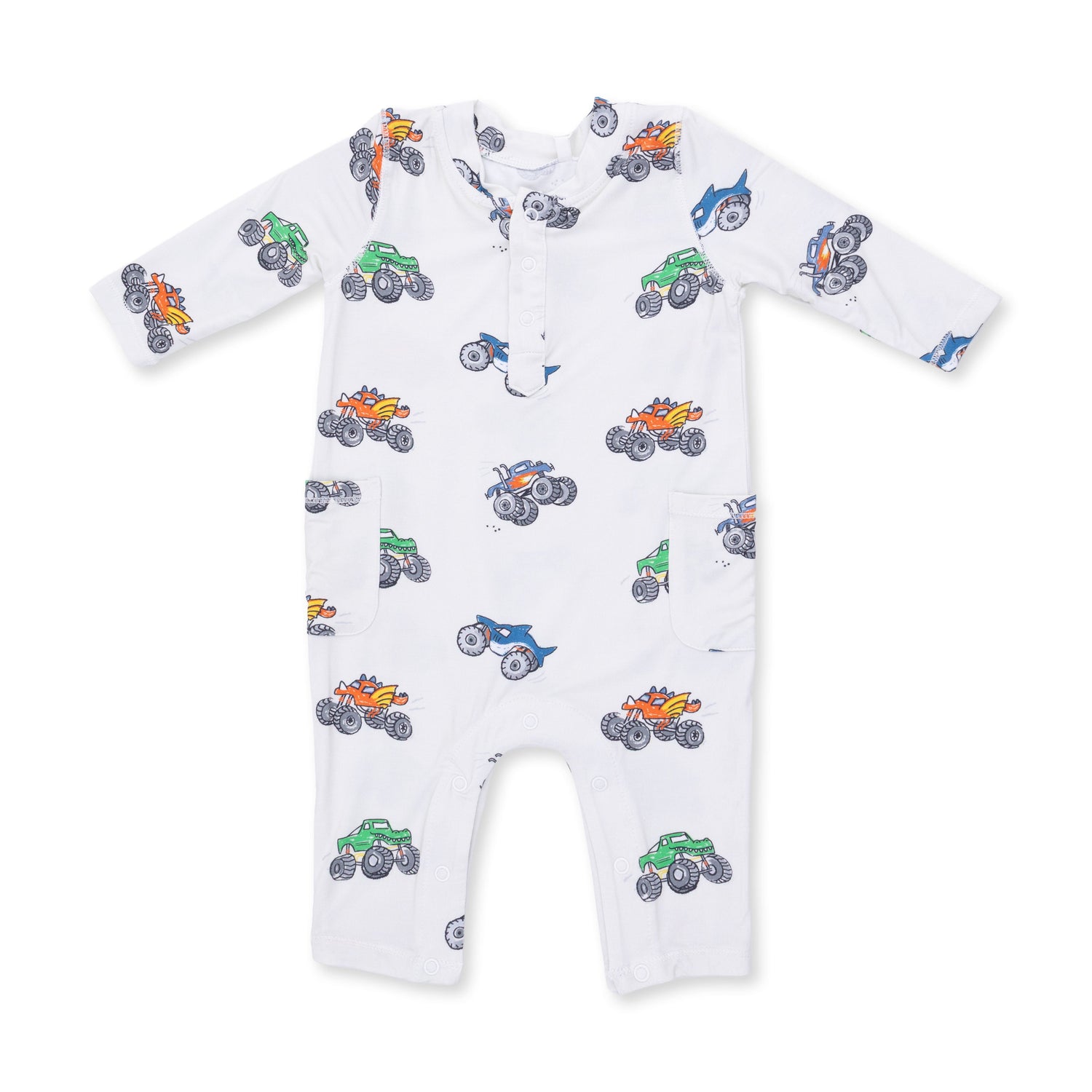 Baby romper with a monster truck print, henley neckline buttons, and long sleeves.