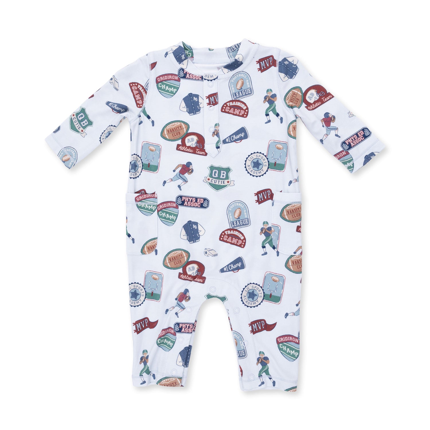 Baby romper in a football patches print with a Henley neckline and snap closures down the front.