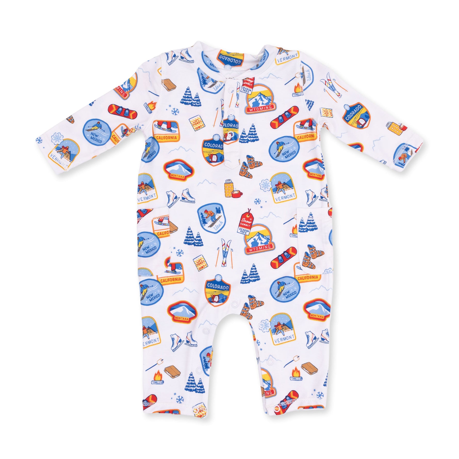 Baby romper in a vintage ski patches print with henley neckline buttons and snap closures at the legs