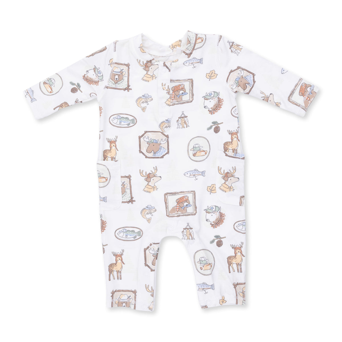 Baby romper with henley neckline, snap closures and Woodson's Family Cabin print