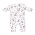 Baby romper with henley neckline, snap closures and Woodson's Family Cabin print