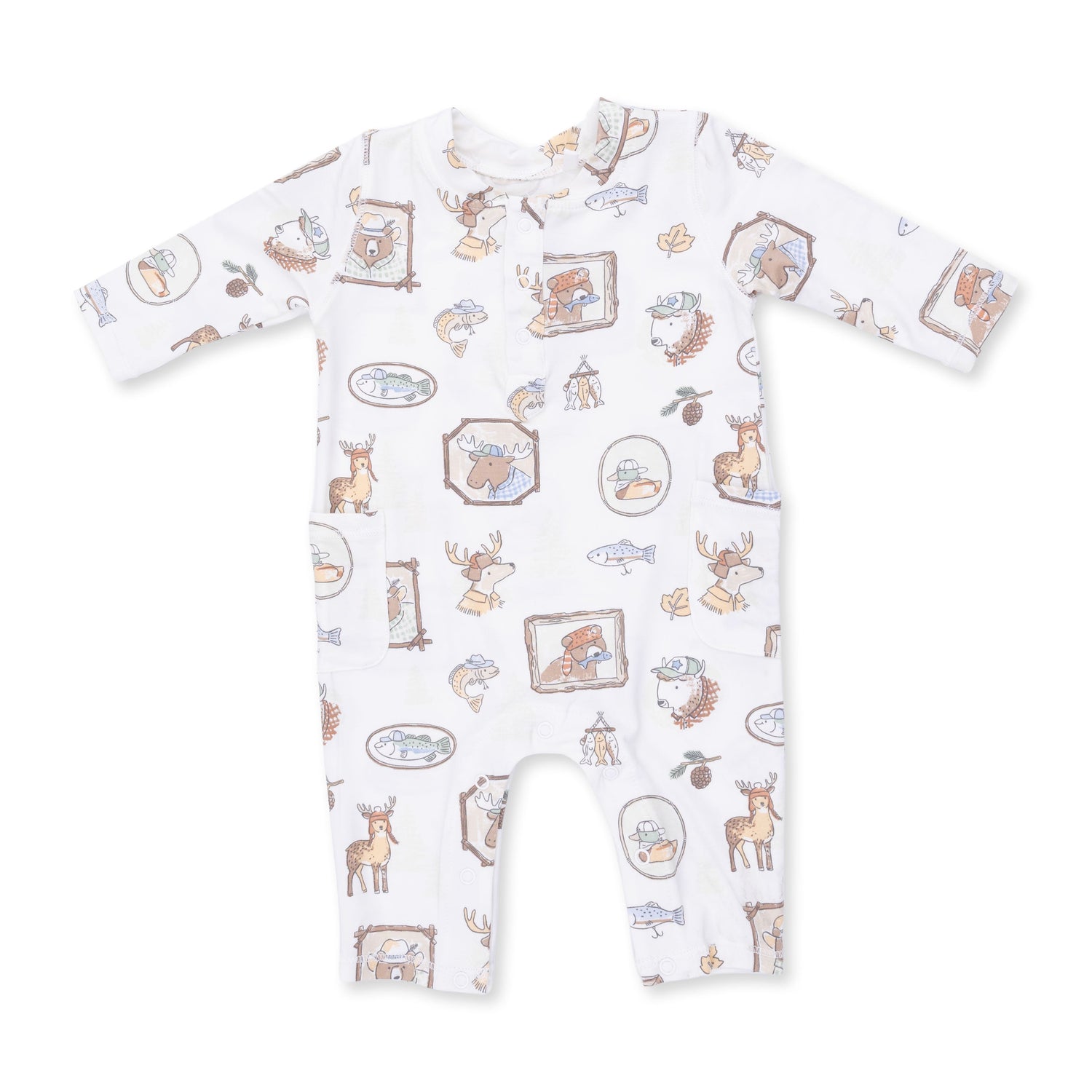Baby romper with henley neckline, snap closures and Woodson's Family Cabin print