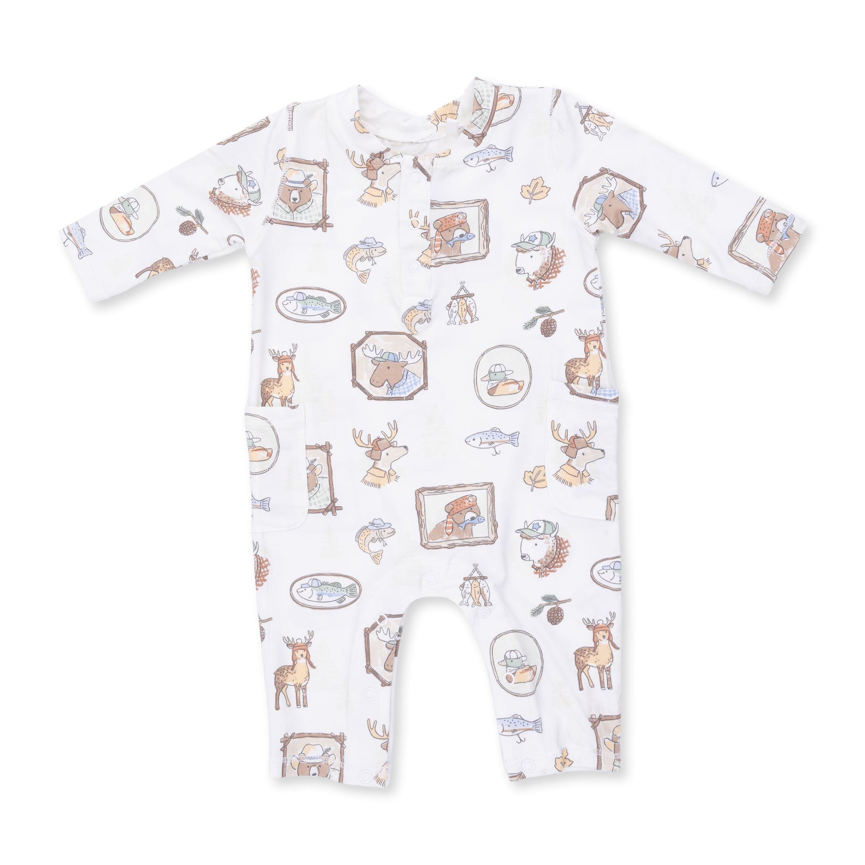Baby romper with henley neckline, snap closures and Woodson's Family Cabin print
