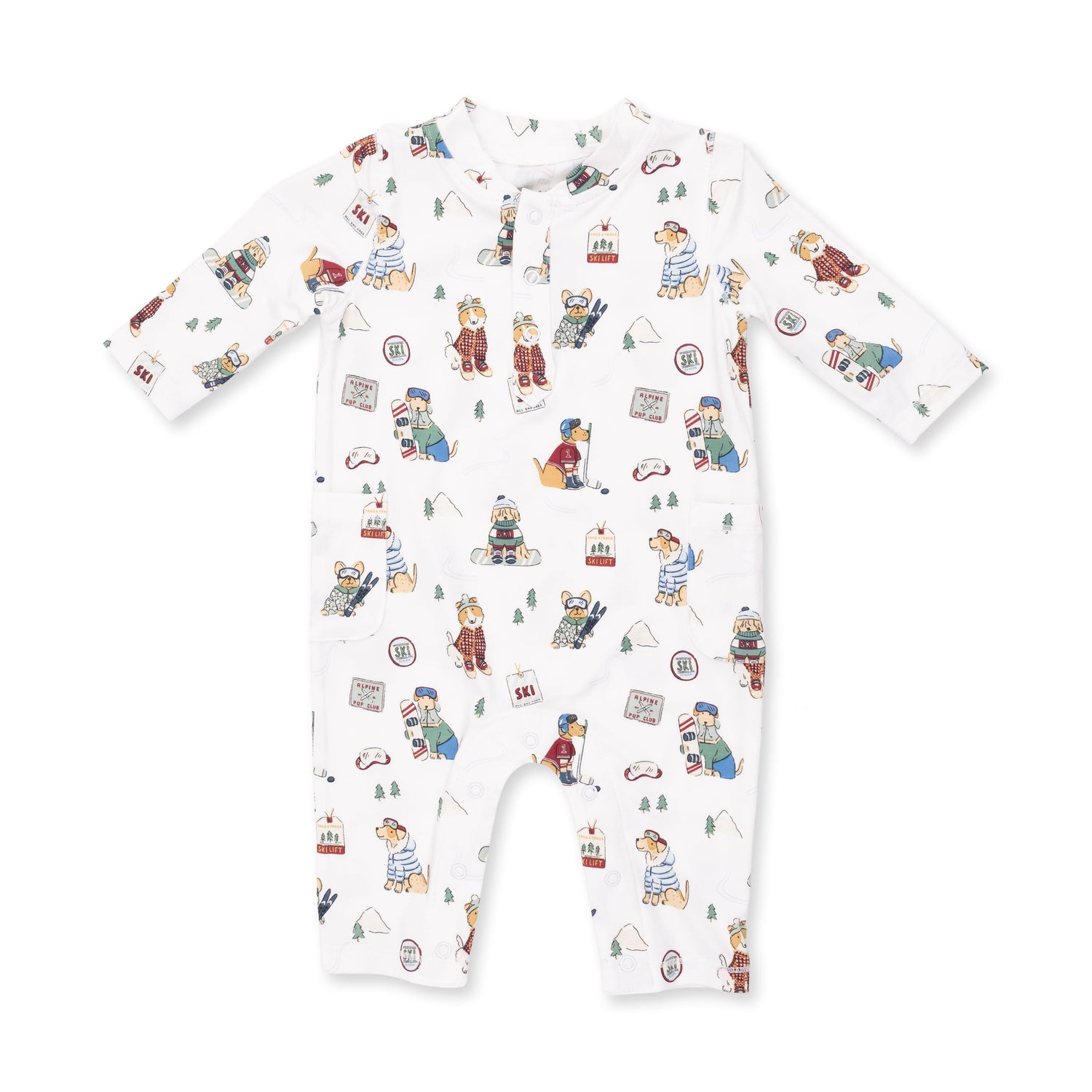 Green baby romper with winter sports dogs print, Henley neckline, and snap closures down the front.