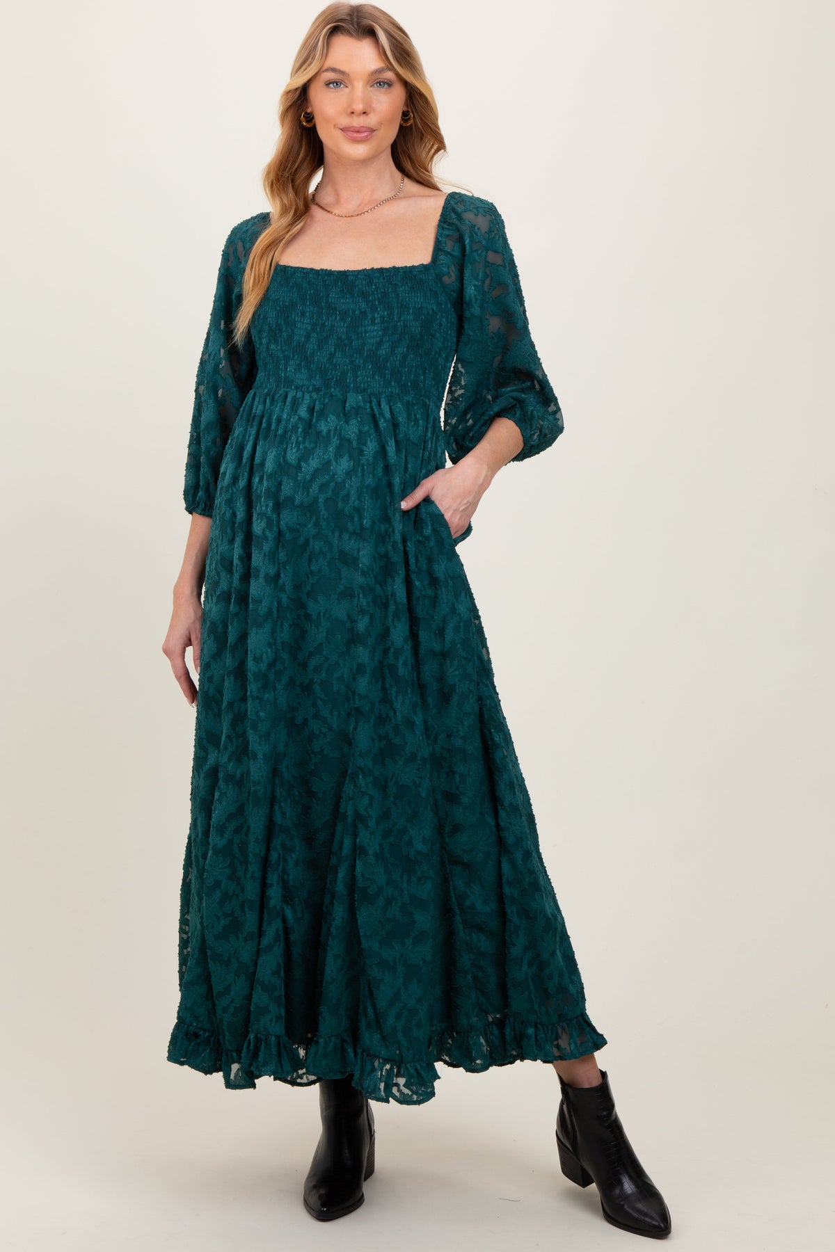 Forest Green Textured Overlay Smocked Ruffled Hem Maternity Maxi Dress by PinkBlush