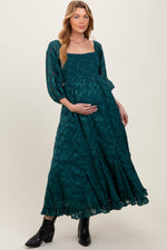 Forest Green Textured Overlay Smocked Ruffled Hem Maternity Maxi Dress by PinkBlush
