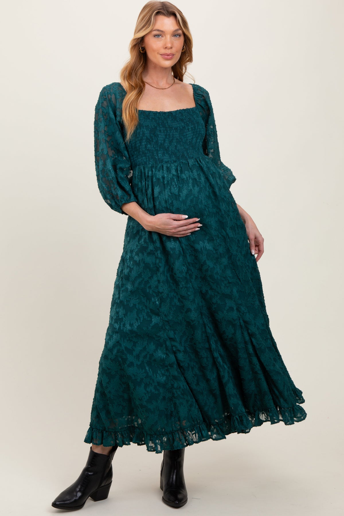 Forest Green Textured Overlay Smocked Ruffled Hem Maternity Maxi Dress by PinkBlush
