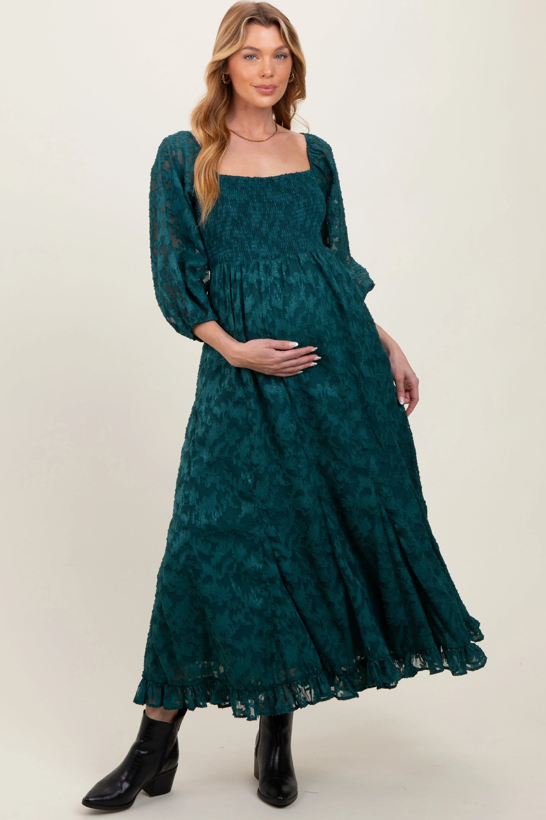 Forest Green Textured Overlay Smocked Ruffled Hem Maternity Maxi Dress PinkBlush 