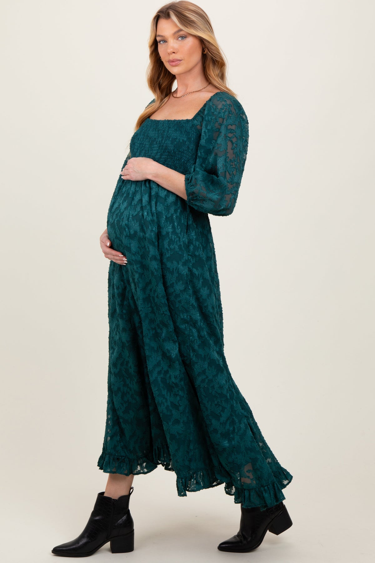 Forest Green Textured Overlay Smocked Ruffled Hem Maternity Maxi Dress by PinkBlush