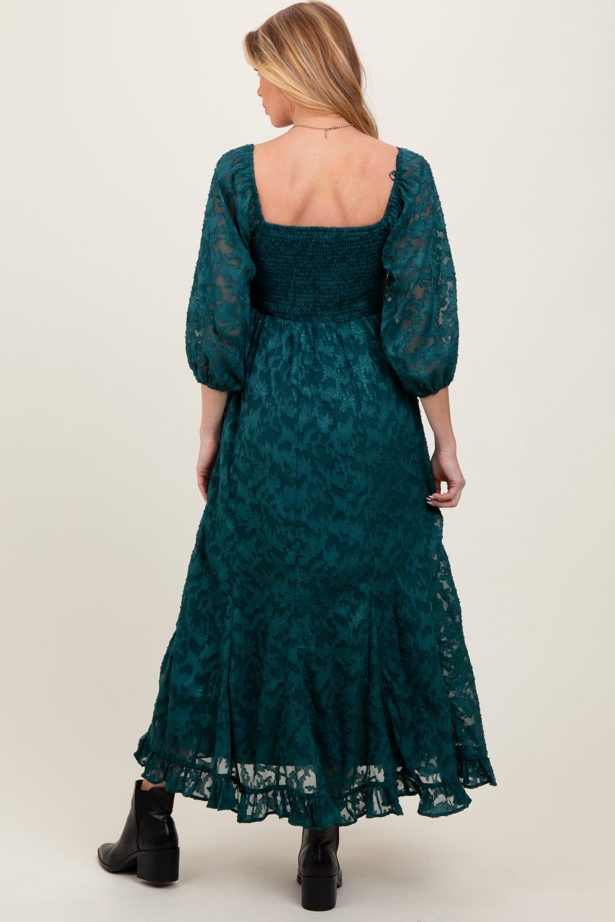Forest Green Textured Overlay Smocked Ruffled Hem Maternity Maxi Dress by PinkBlush