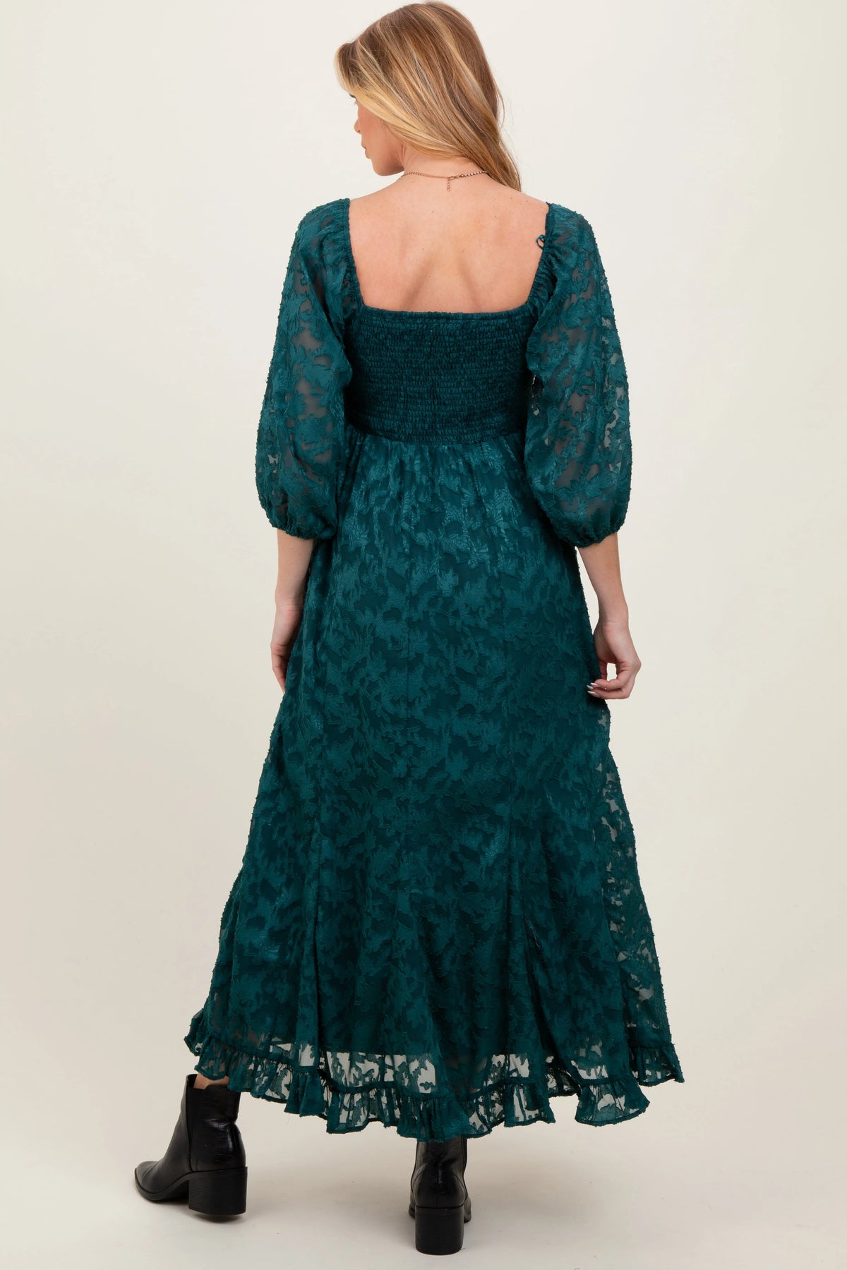 Forest Green Textured Overlay Smocked Ruffled Hem Maternity Maxi Dress PinkBlush 