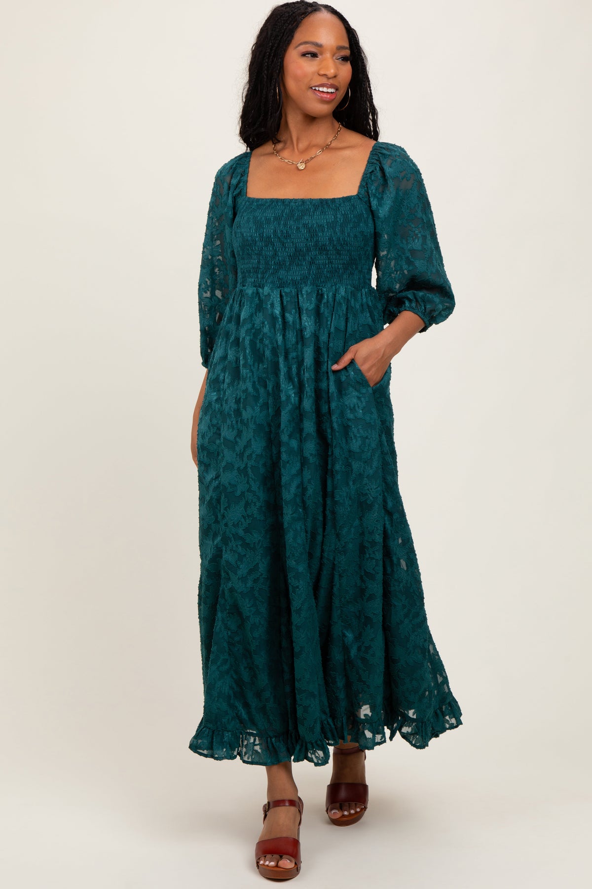 Forest Green Textured Overlay Smocked Ruffled Hem Maternity Maxi Dress by PinkBlush