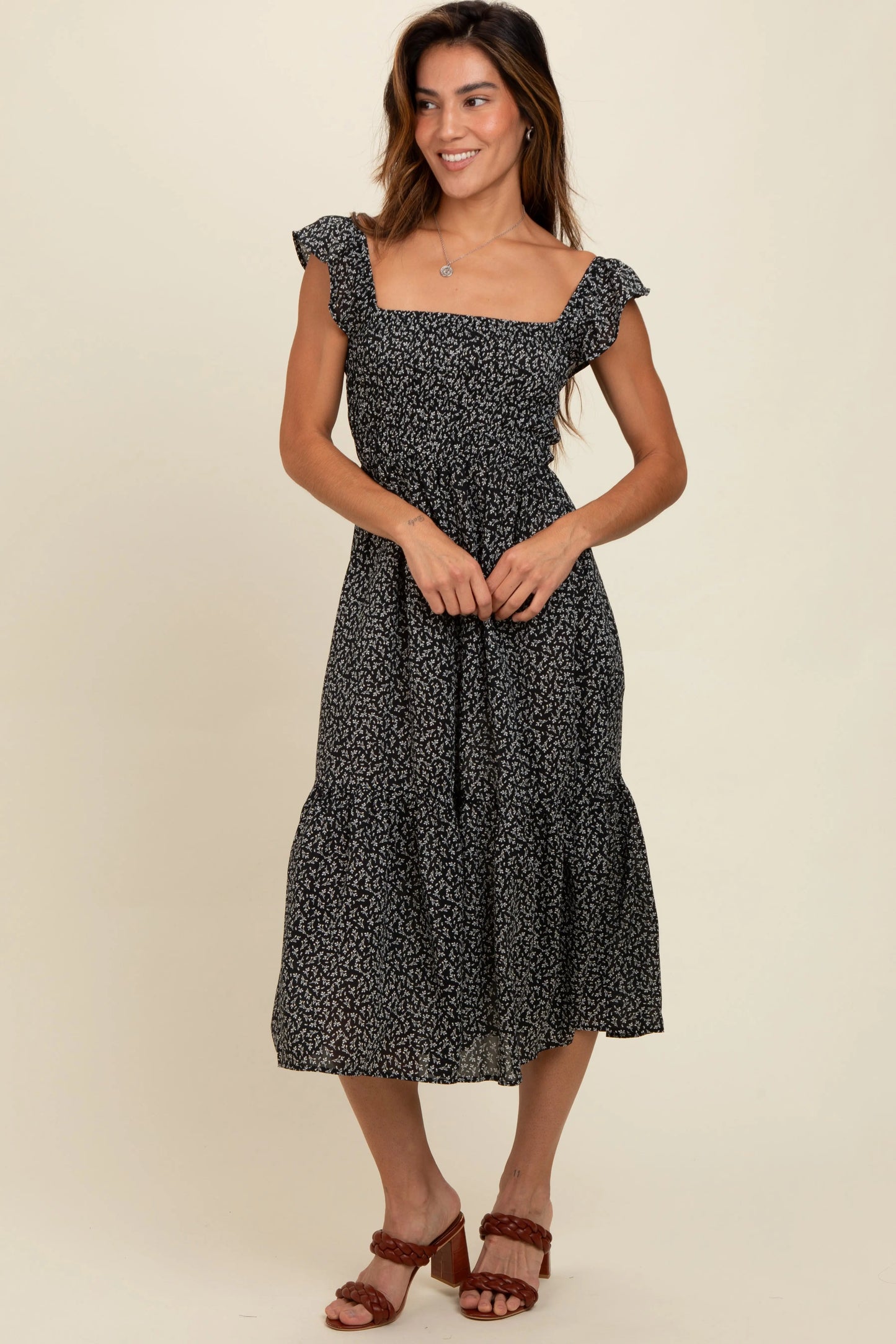 PinkBlush PinkBlush Black Ruffle Strap Smocked Midi Dress for Fashion-Forward Women - Apparel & Accessories > Clothing > Dresses
