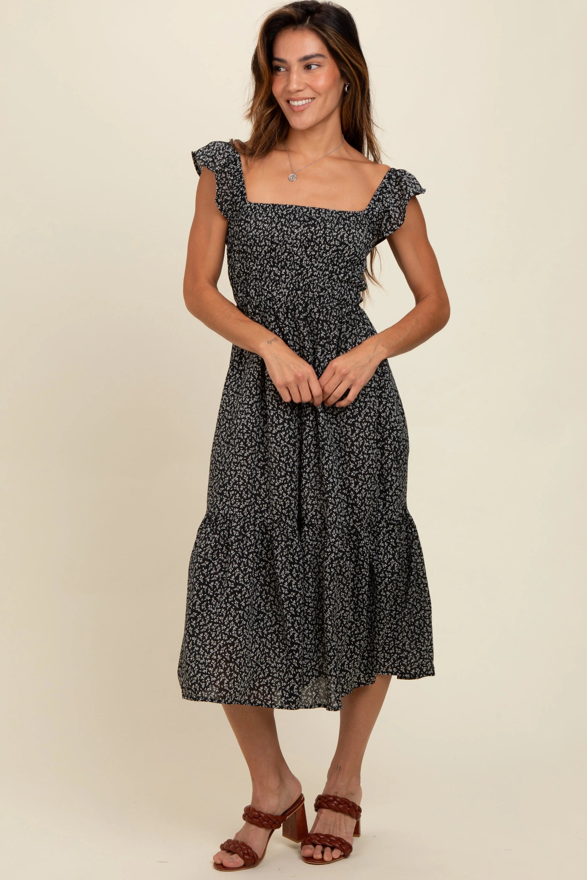 PinkBlush PinkBlush Black Ruffle Strap Smocked Midi Dress for Fashion-Forward Women - Apparel & Accessories > Clothing > Dresses